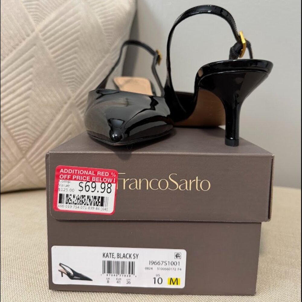 Franco Sarto Kate pointed-toe slingback pump in black patent synthetic leather